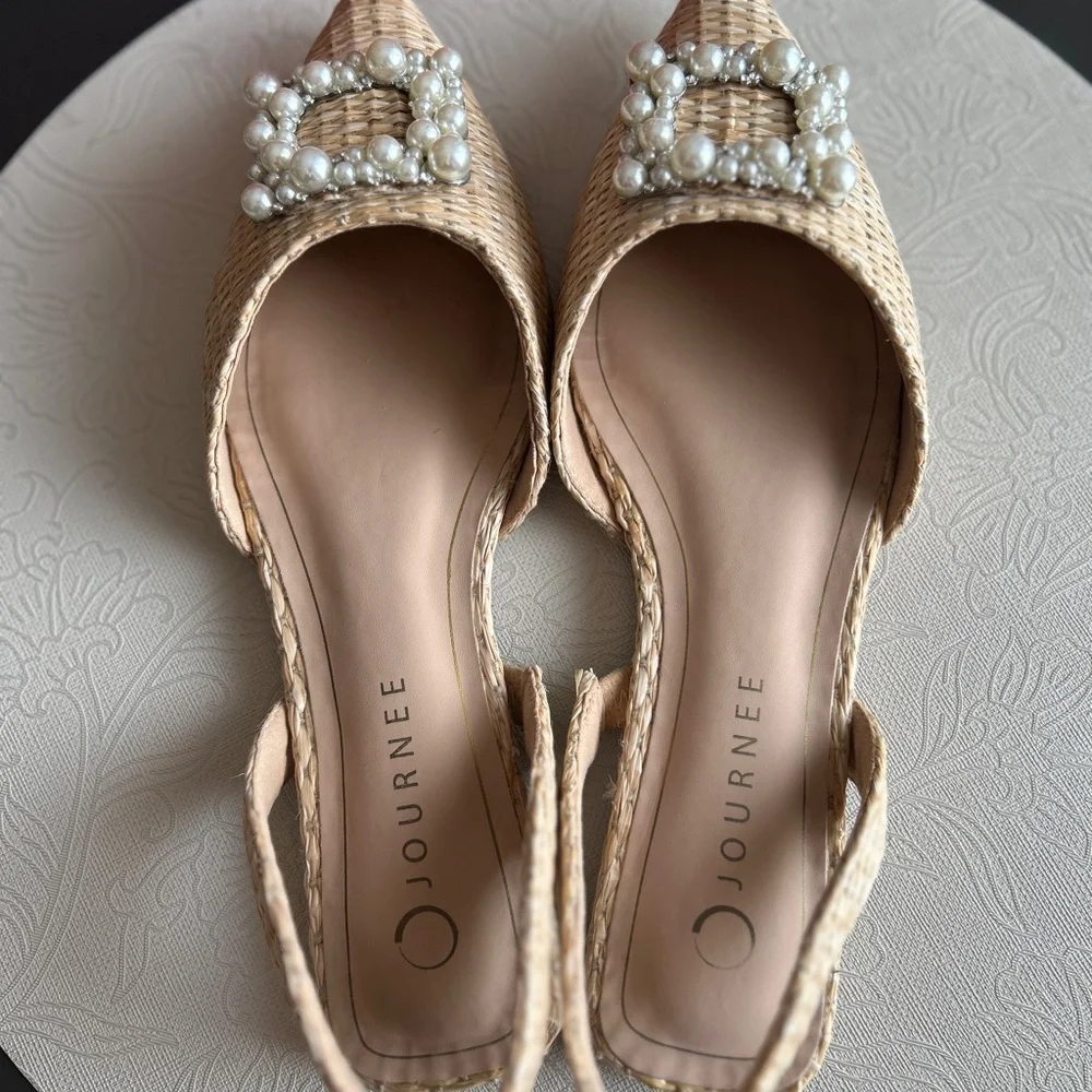 Journee Collection Beige Woven Slingback Flats with Pearl Buckles - Picture 3 of 6